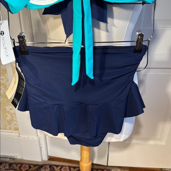 Super Cute Holypick Top & Gottex Bottom Teal/Navy Bikini Set Perforated Ruffle - Picture 6 of 15